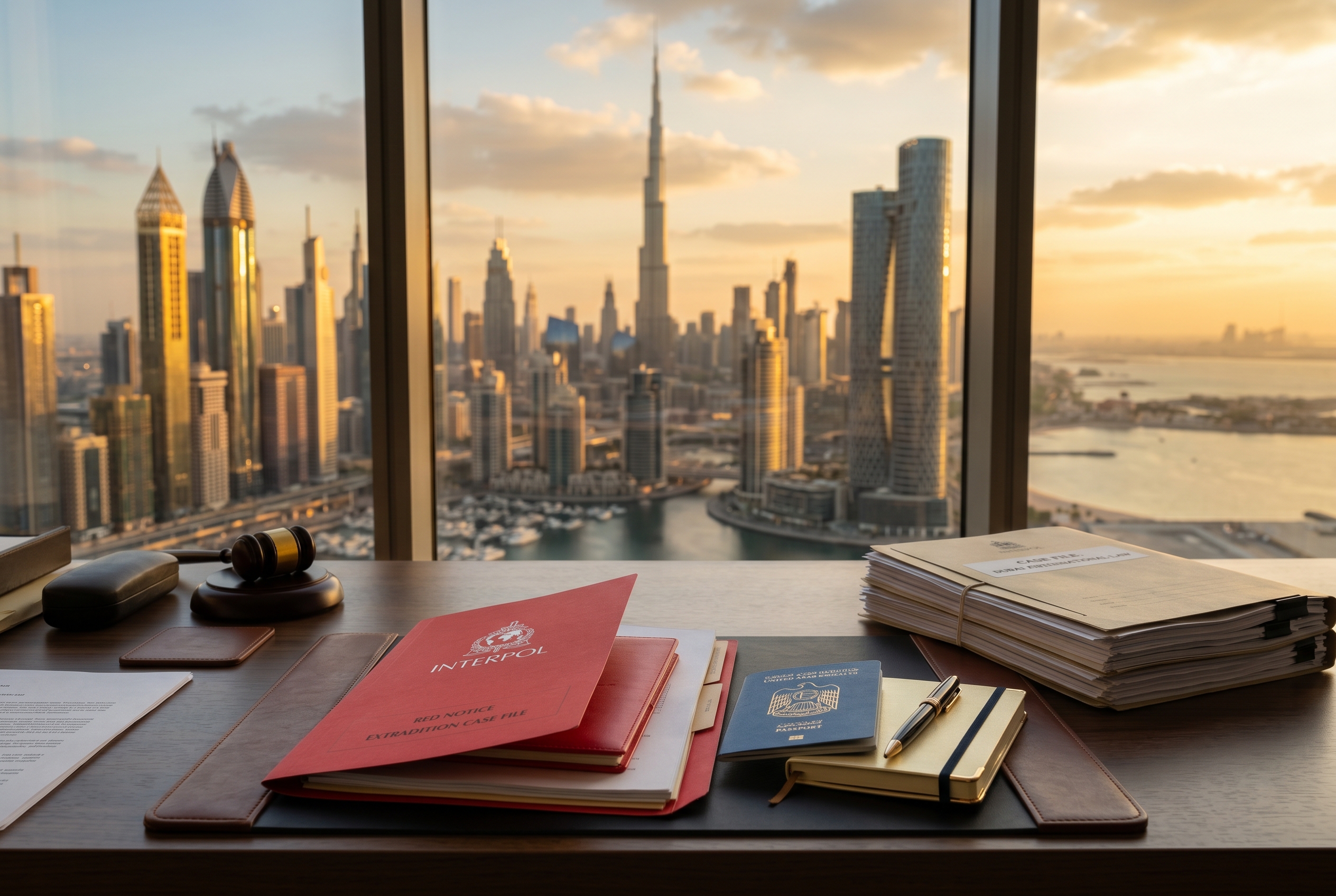 Dubai skyline with legal documents and an Interpol red notice folder